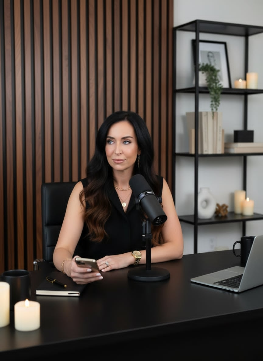 Madison recording at her desk with a microphone