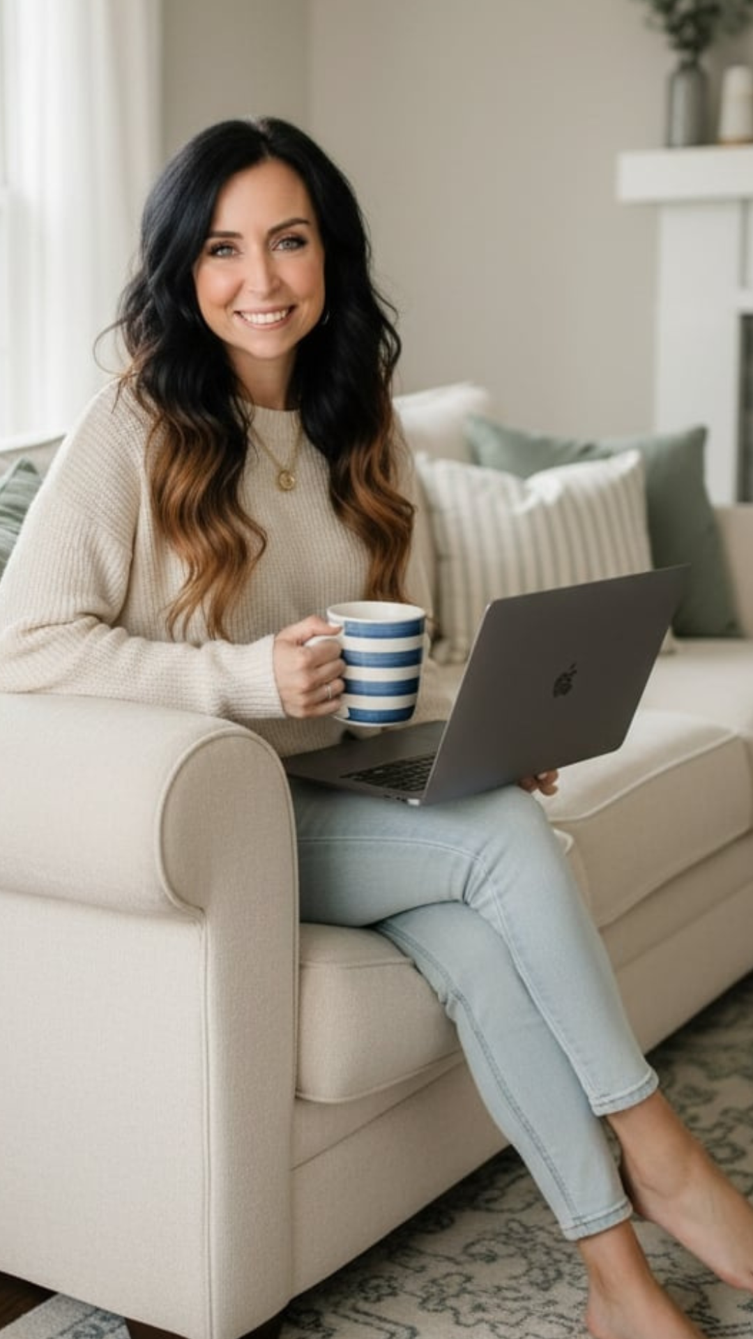Madison with coffee and laptop