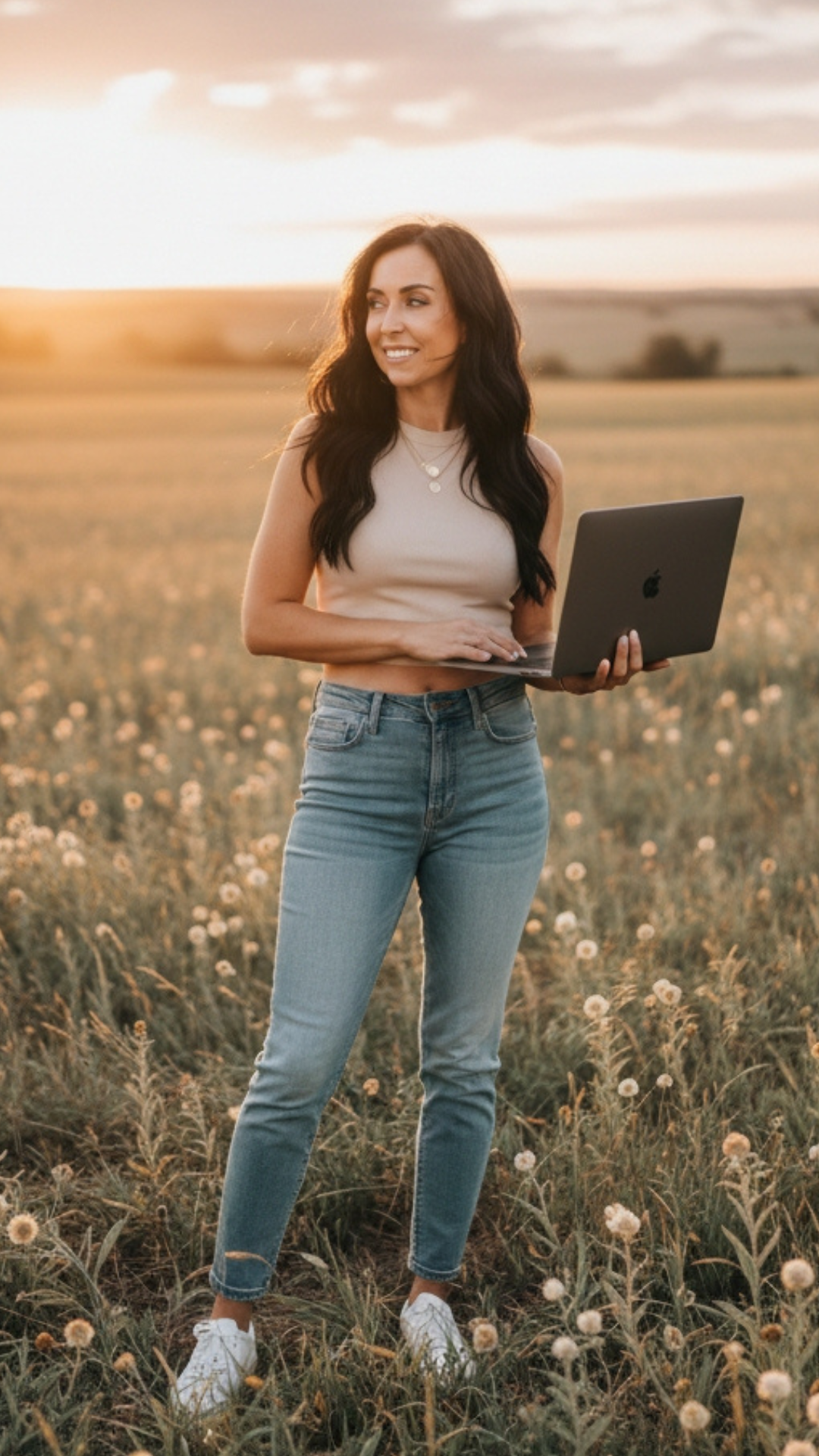 Madison working in a field at sunset